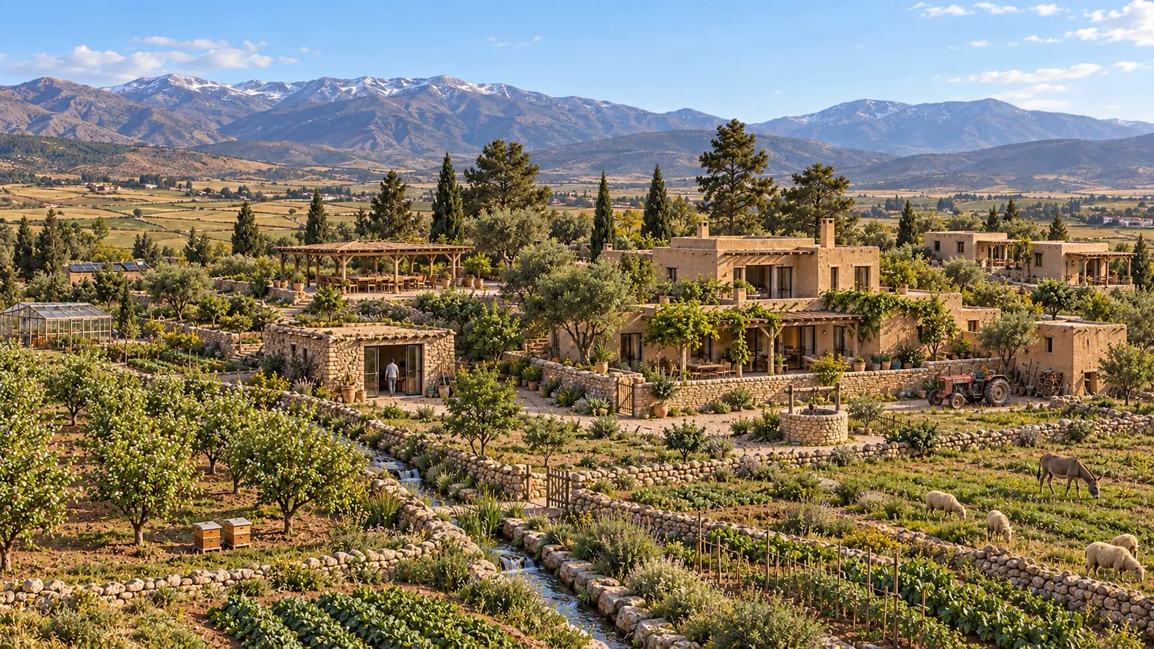 An imagined future Middle Atlas farm with a home, studio, gathering pavilion and guest spaces
